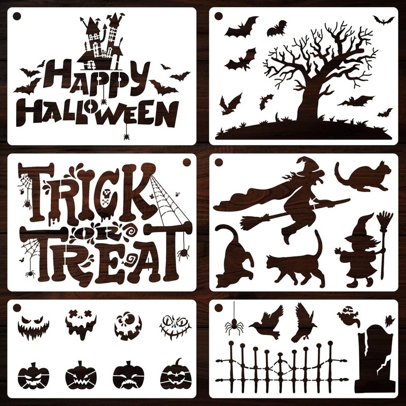 YKW Halloween Stencils 6 Pack Large, 9.6x7 9.6x5 Inch Reusable Spooky Templates for Painting Wood Signs Fabric Trick Treat Decorations - Image 1